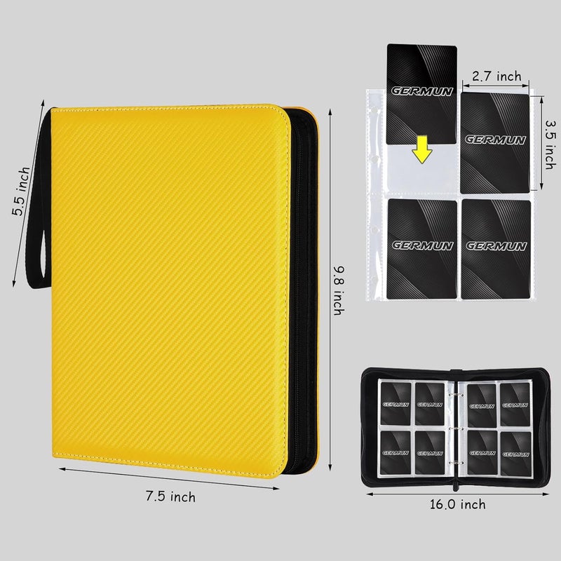 GERMUN 4 Pocket Card Binder, Premium Zip Trading Card Binder, 400 Double Sided Pocket PU Card Collection Binder, Collector Card Album, Card Folder for MTG, TCG, Sports Cards, Game Cards (Yellow) - Image 3